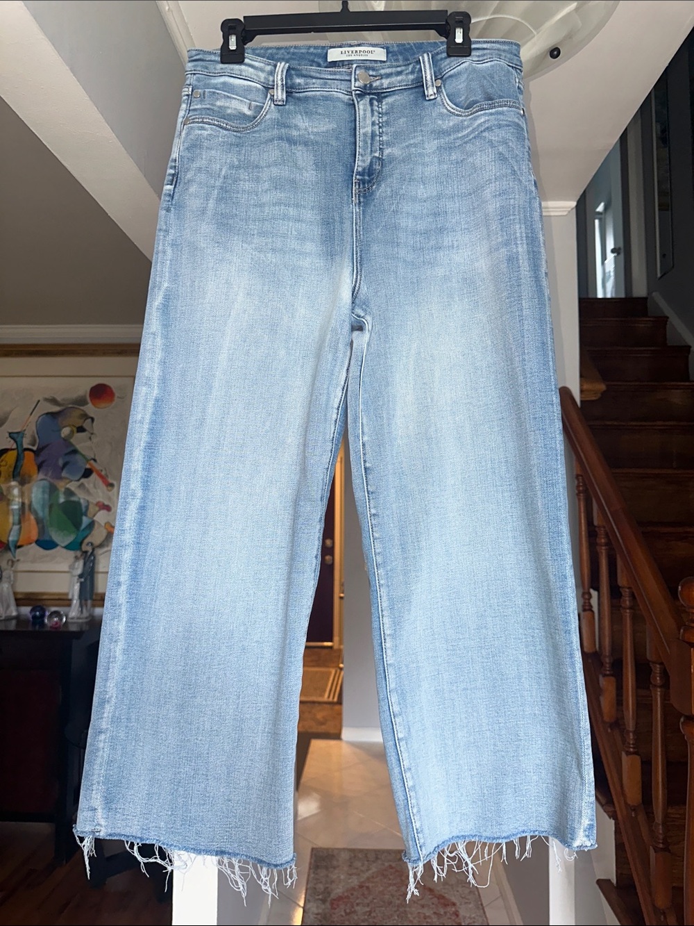 Liverpool Denim Light Blue Cropped Wide-Leg Jeans with Raw Hem Sz 10